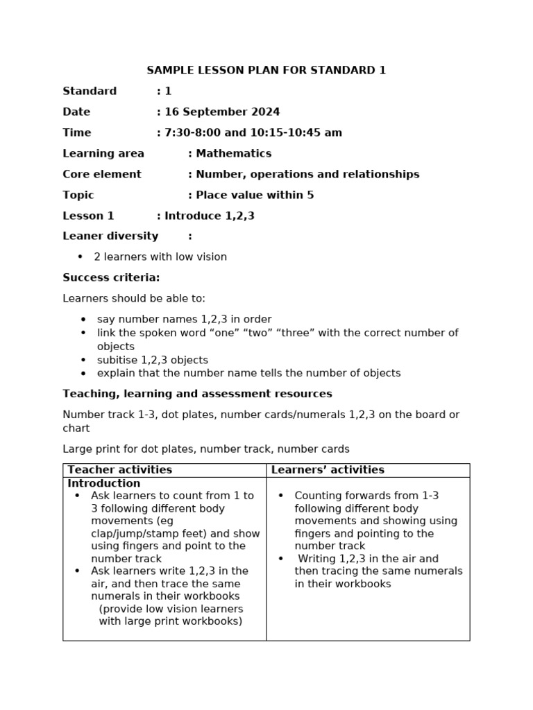 Sample Lesson Plan For Standard 1 | PDF | Lesson Plan | Pedagogy