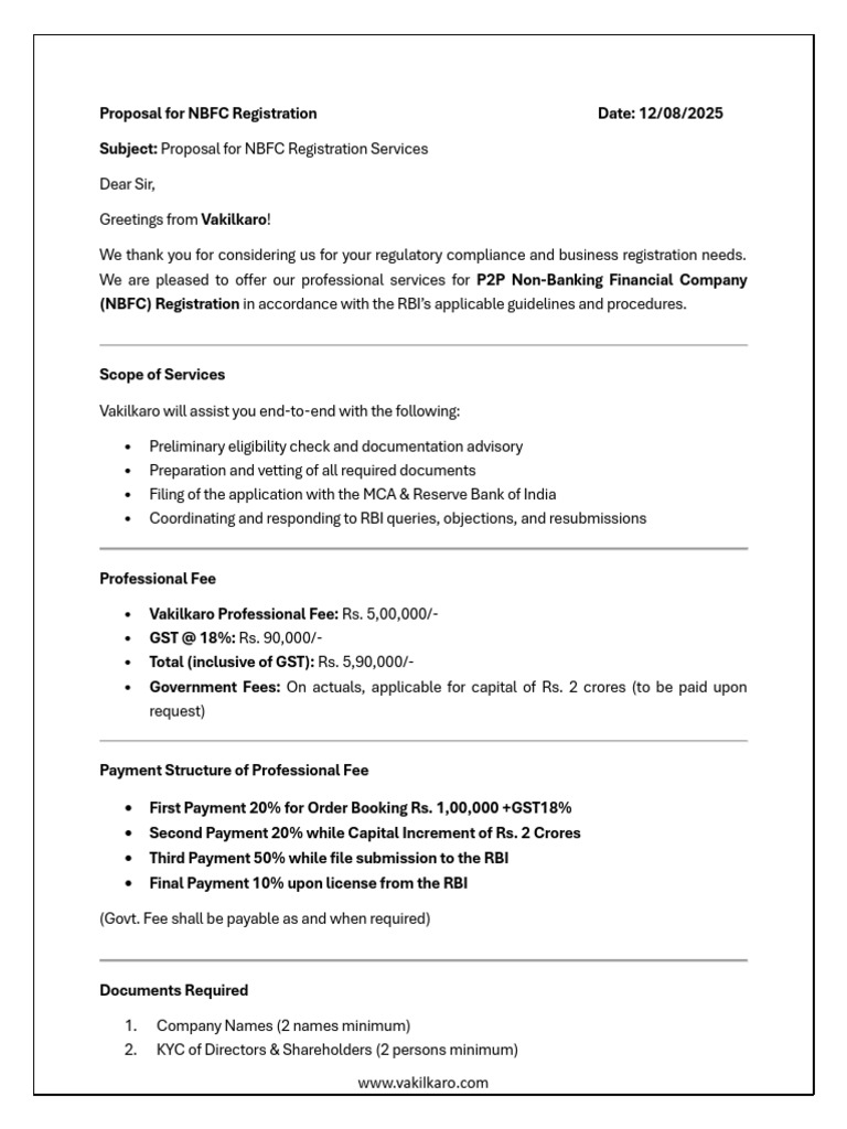 NBFC Registration Proposal Services | PDF | Reserve Bank Of India ...