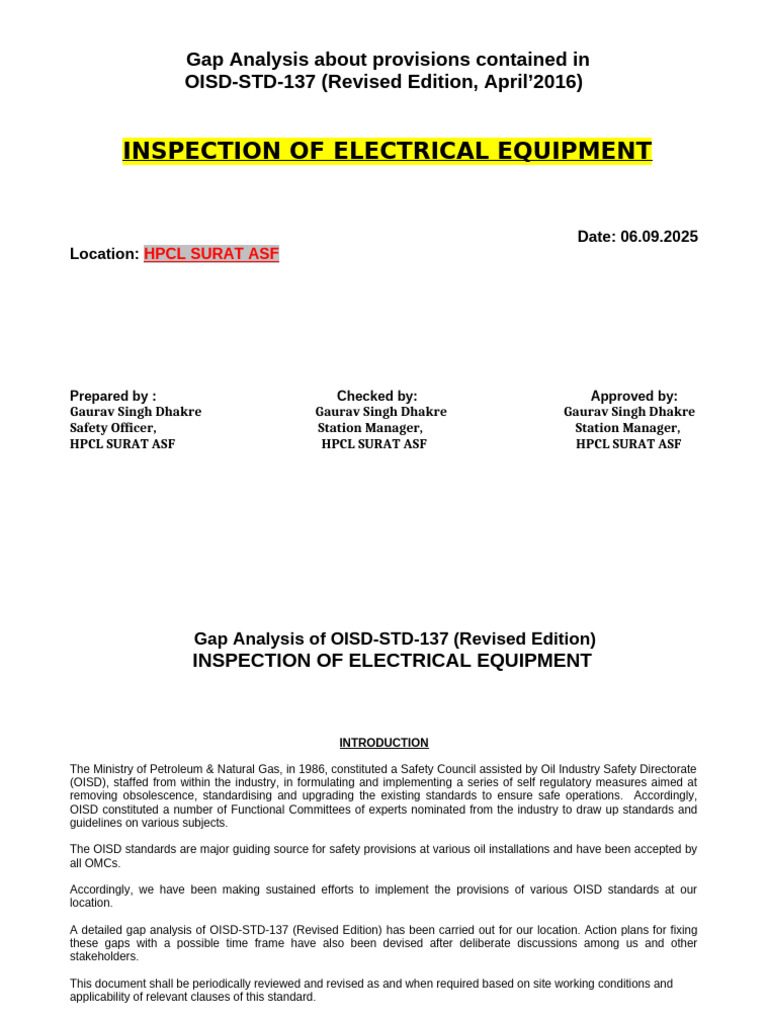 Gap Analysis OISD GDN 137 | PDF | Electrical Equipment | Manufactured Goods