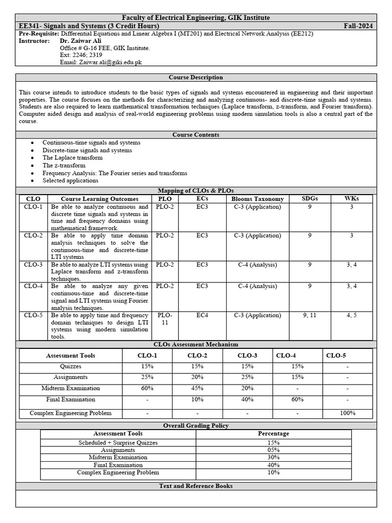 Signals and Systems Course Overview | PDF | Laplace Transform | Fourier ...