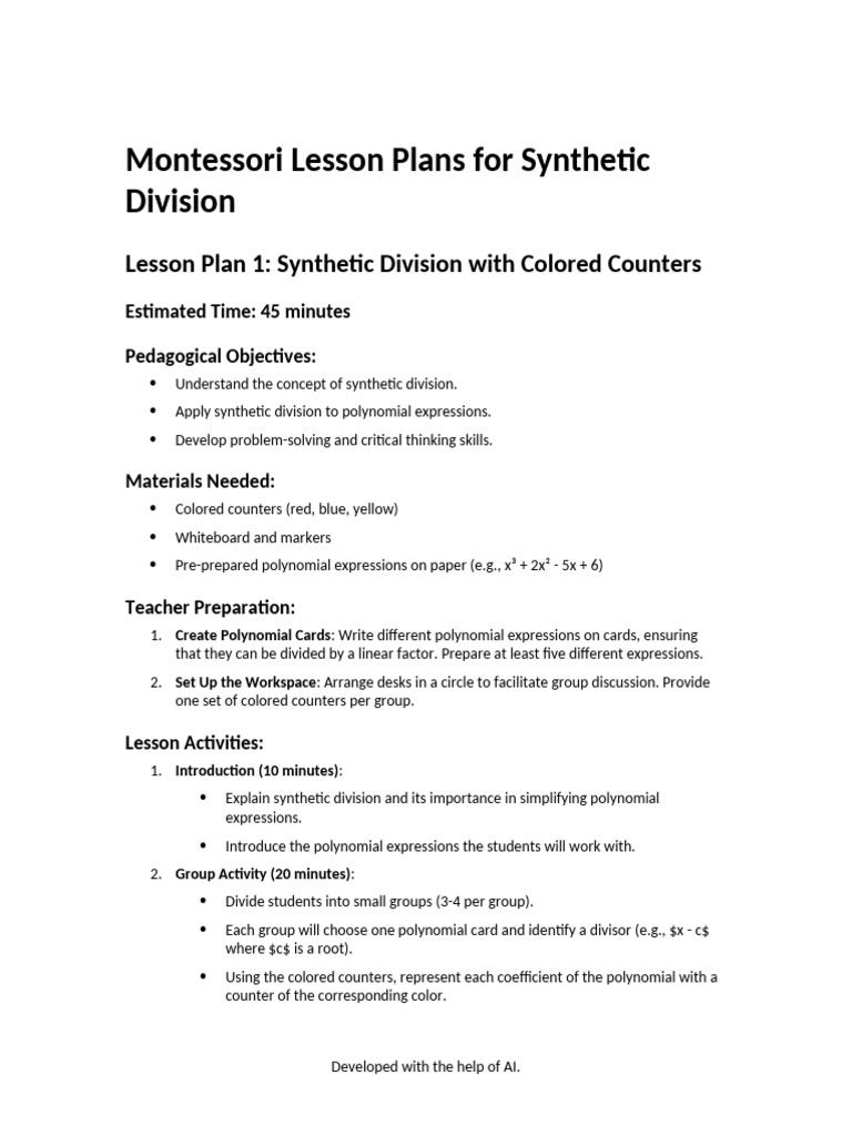 Montessori Lesson Planner - Synthetic Division | PDF | Cognition | Learning
