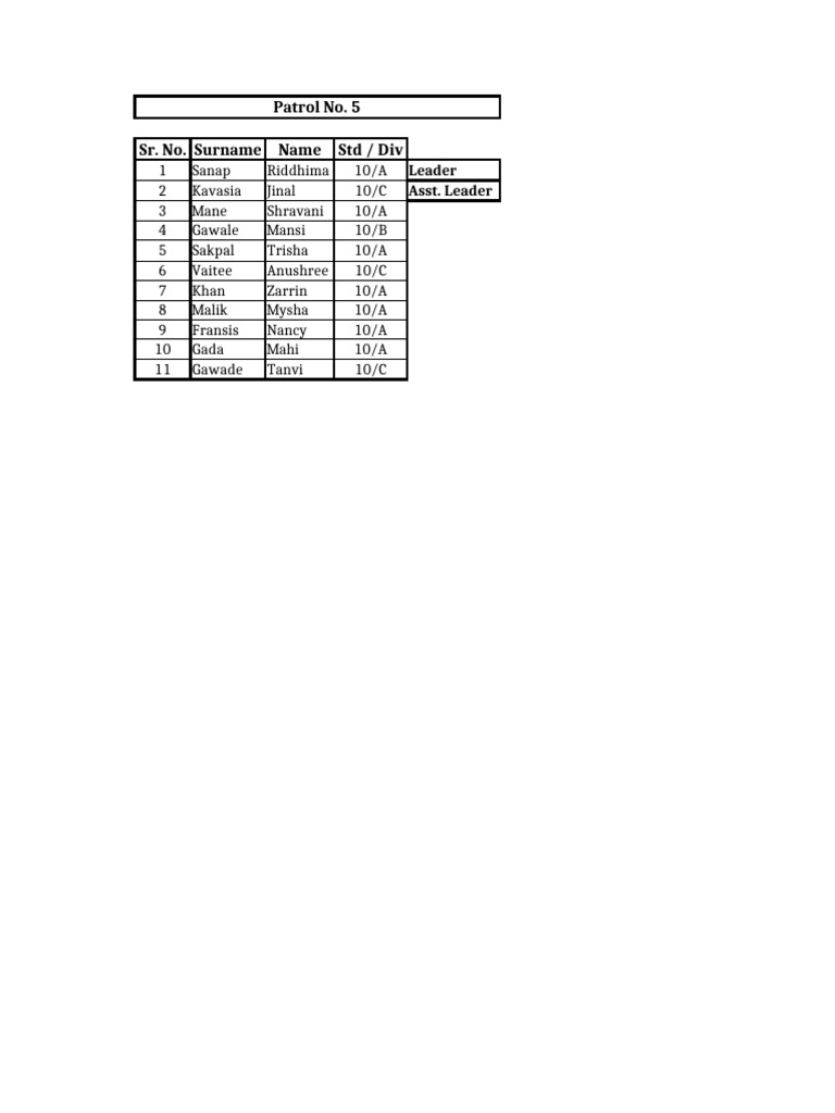 Patrol No. 5 Team Members List | PDF