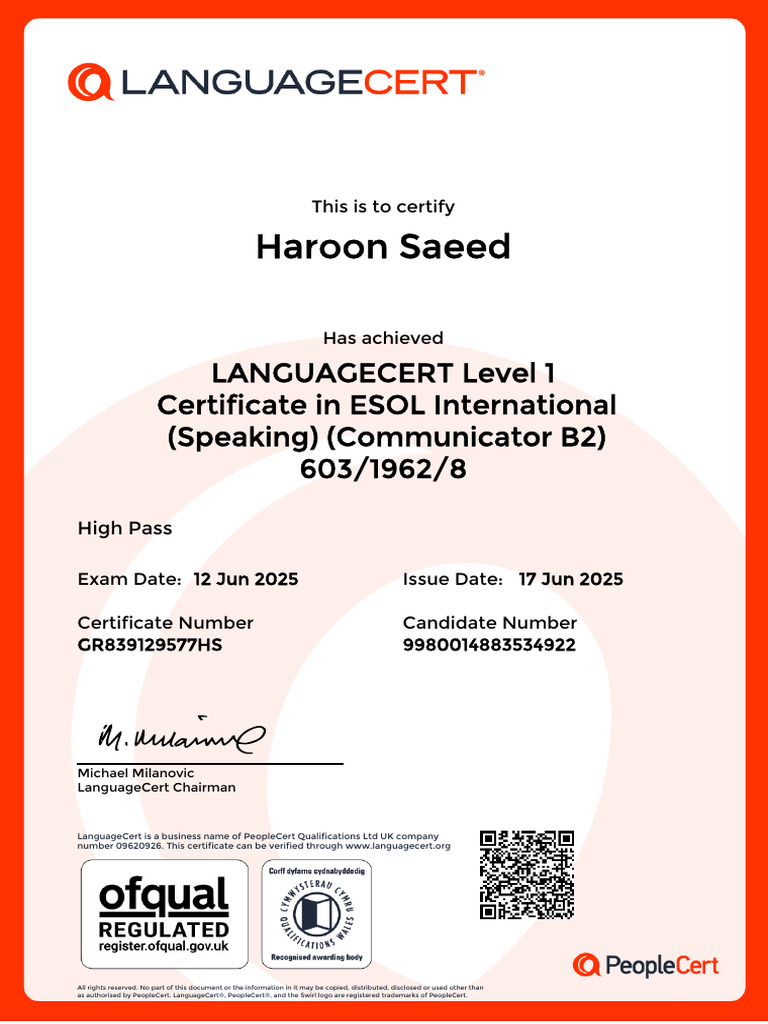 LanguageCert ESOL Certificate - Haroon Saeed | PDF