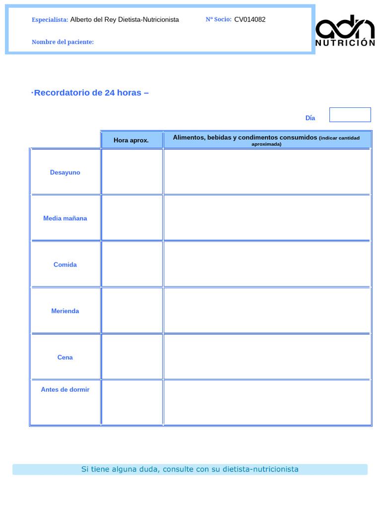 Plantilla Recordatorio Dietético 24 Horas | PDF