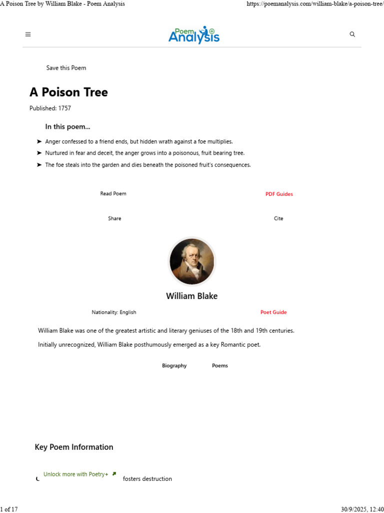 A Poison Tree by William Blake - Poem Analysis | PDF | Anger | Poetry