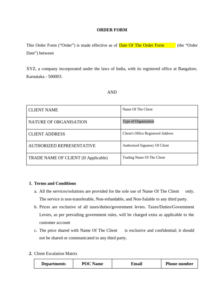 Client Order Form and Terms Agreement | PDF