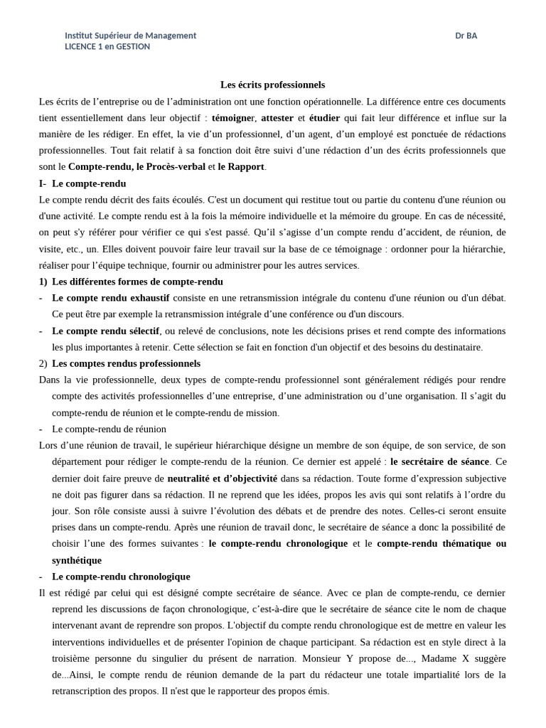 Rédaction des Comptes Rendus Professionnels | PDF