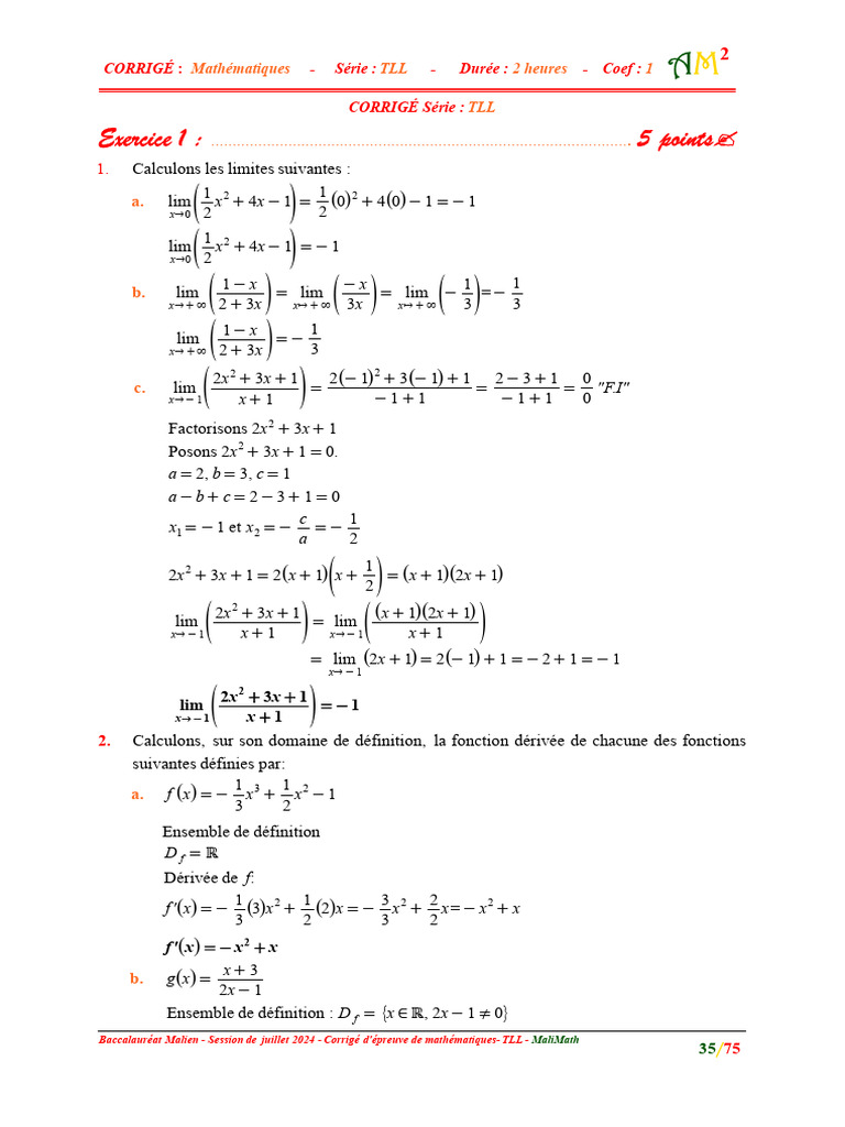 Corrigé Maths Baccalauréat TLL 2024 | PDF | Théorie des nombres ...