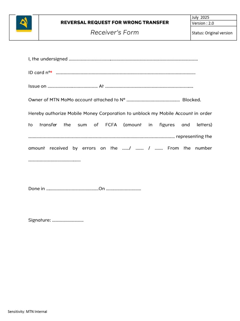 Reversal Request For Wrong Transfer - Sender 2.0 | PDF