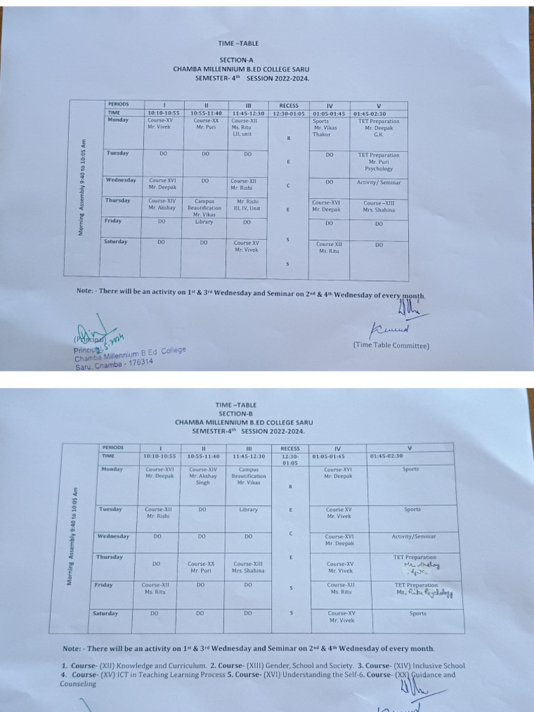 Updated Time Table of 4 TH Semester For One Month | PDF