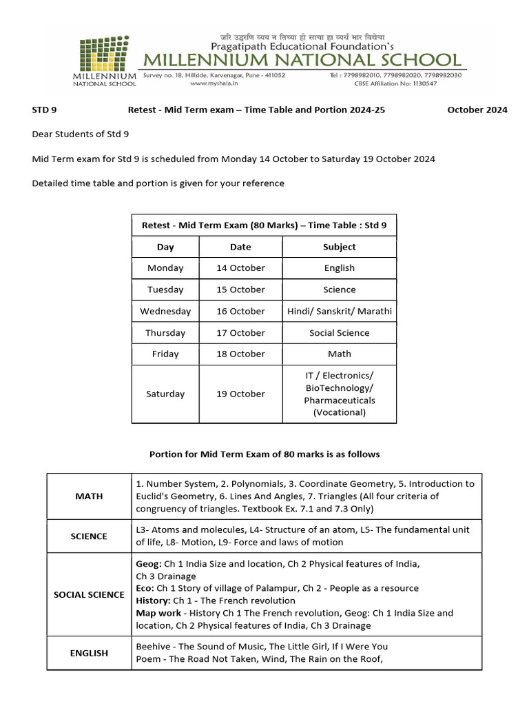 STD 9 (Retest) Mid Term Exam Circular October 2024 | PDF | Electrical ...
