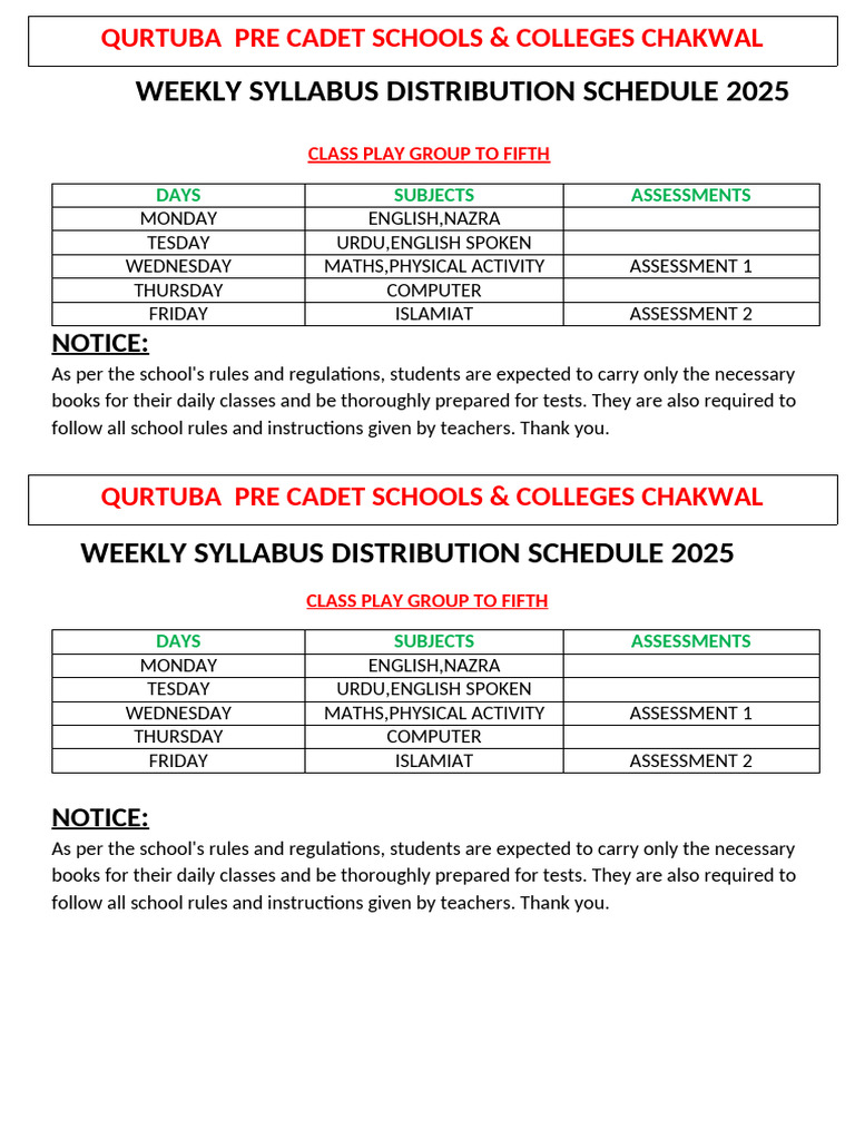Weekly Syllabus Distribution Schedule 2025 | PDF