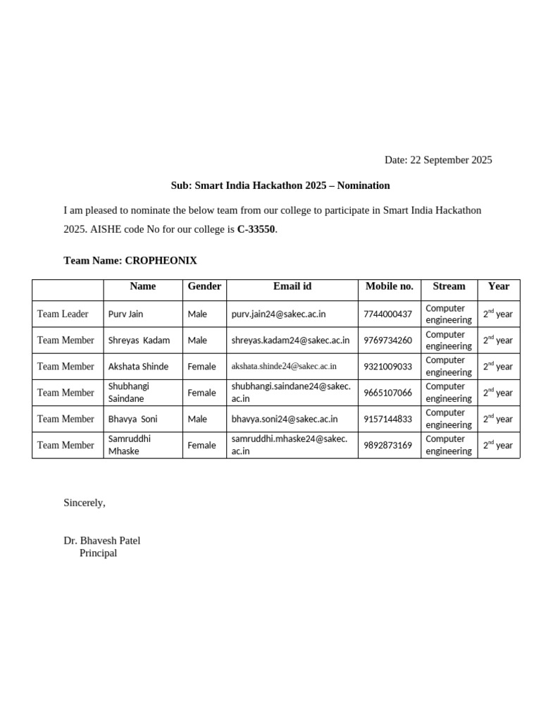 SIH 2025 Nomination for CROPHEONIX Team | PDF