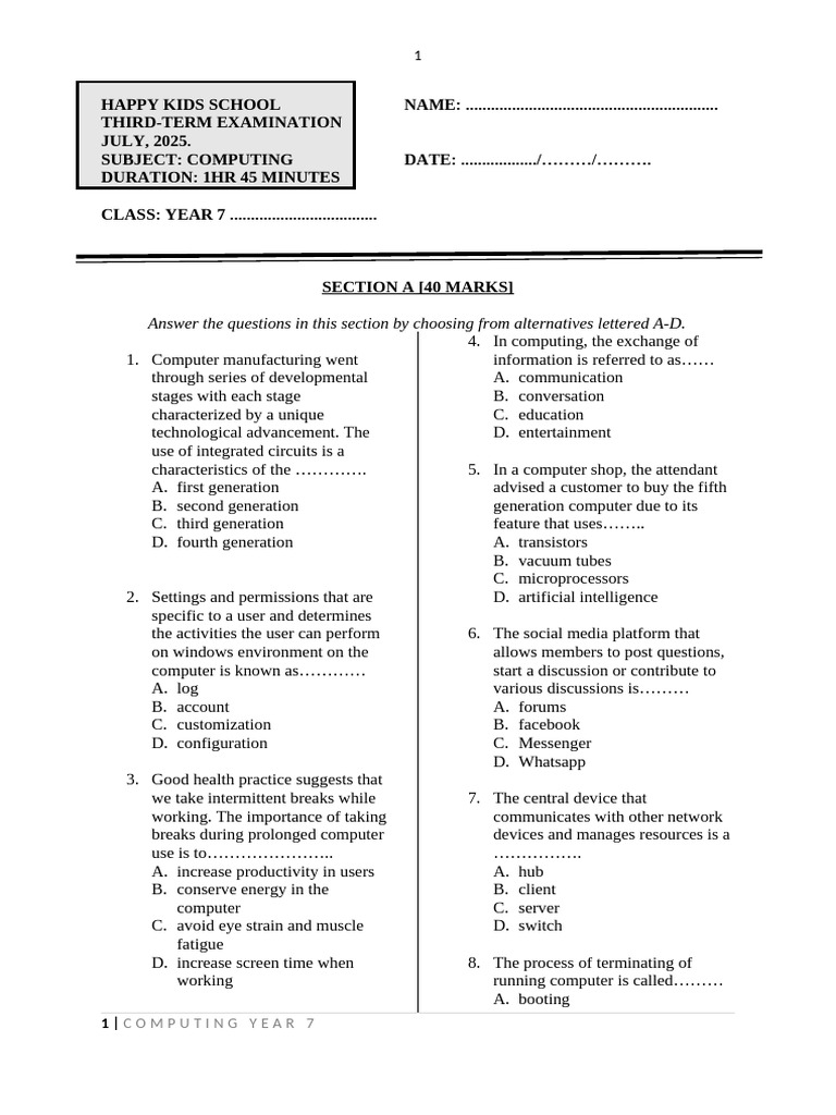 Year 7 Computing Exam Questions | PDF | Icon (Computing) | Computer File