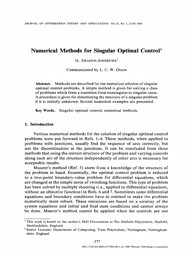 Numerical Methods for Singular Control | PDF | Optimal Control ...