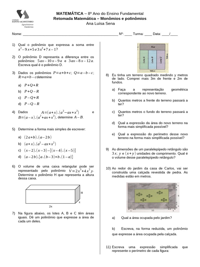 Retomada Matemática 8º Ano - Monômios e Polinômios | PDF | Matemática