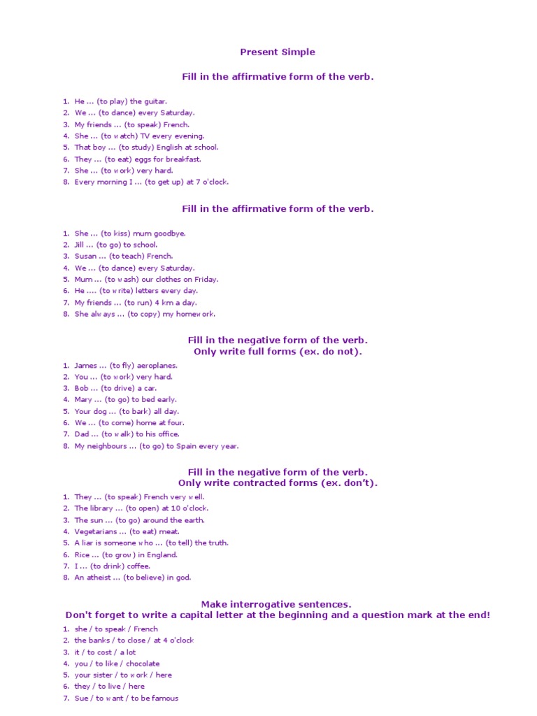 Present Simple Verb Exercises | PDF | Workweek And Weekend