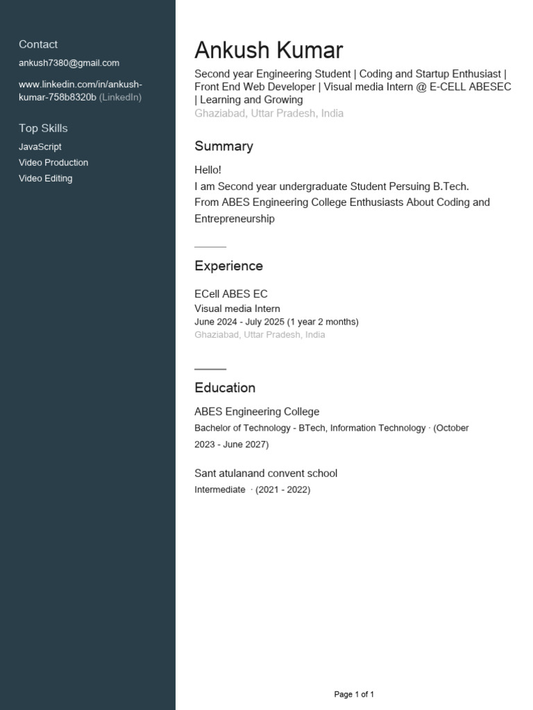 Ankush Kumar: Engineering Student Profile | PDF
