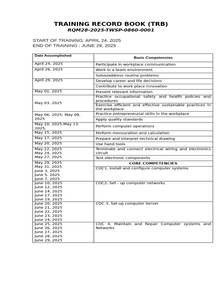 Comprehensive Training Record Book | PDF