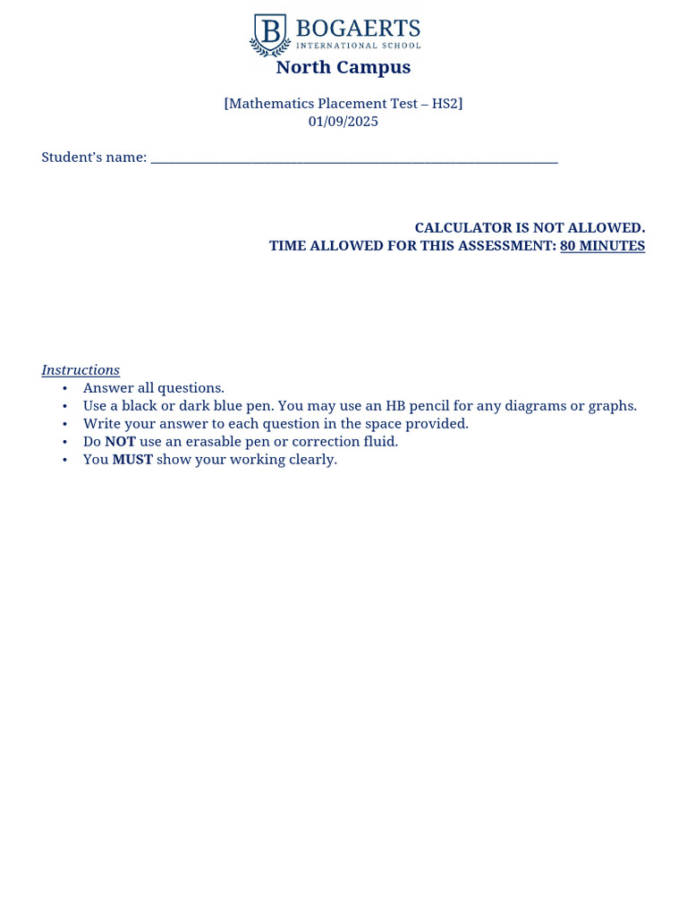 Mathematics Placement Test Instructions | PDF | Inequality (Mathematics ...
