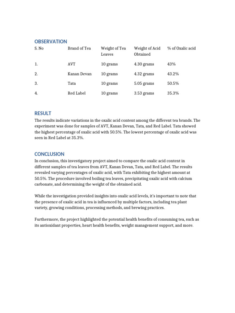 Observation Table With Result Conclusion | PDF
