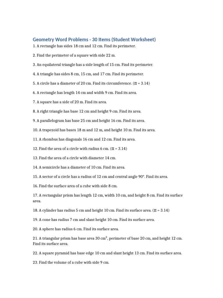 Geometry Word Problems Student | PDF