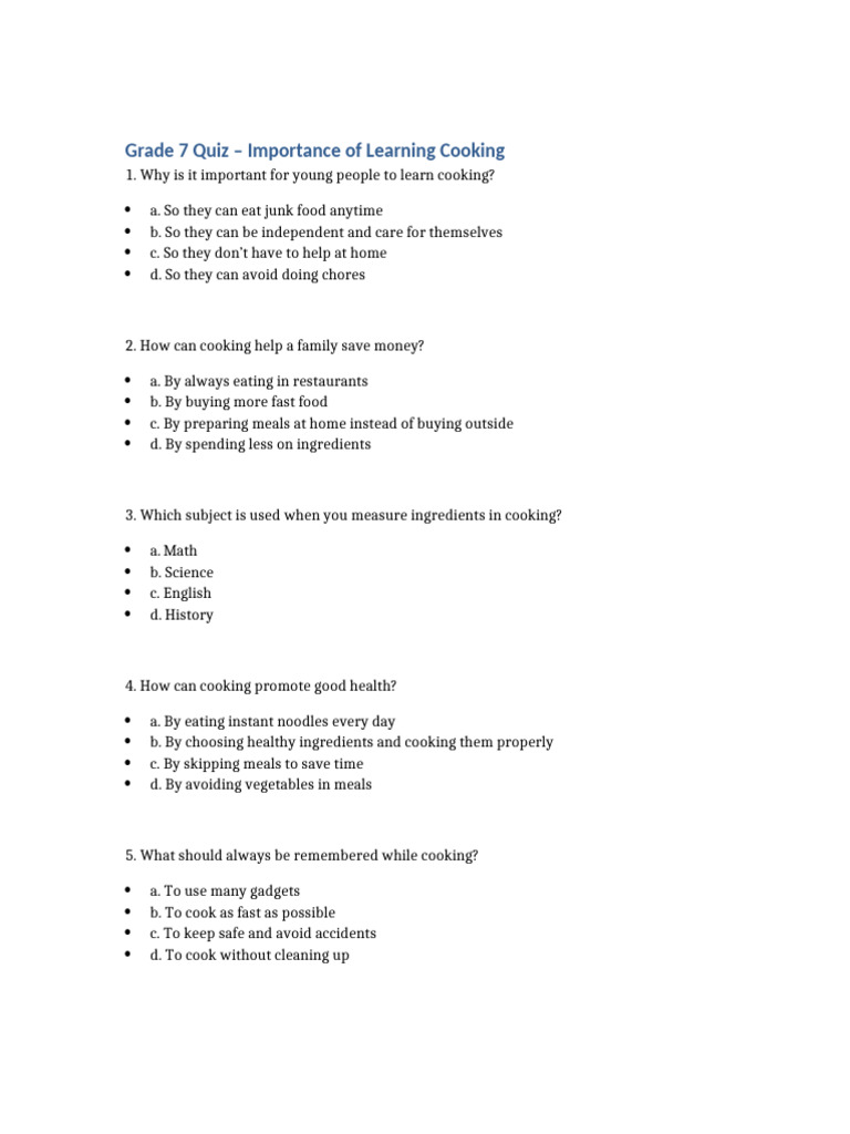 Grade 7 Cooking Quiz Essentials | PDF