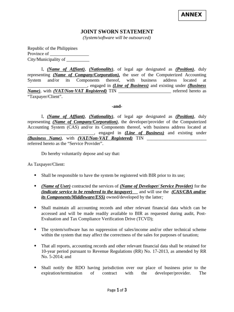 Joint Sworn Statement for CAS Outsourcing | PDF | Audit | Taxes
