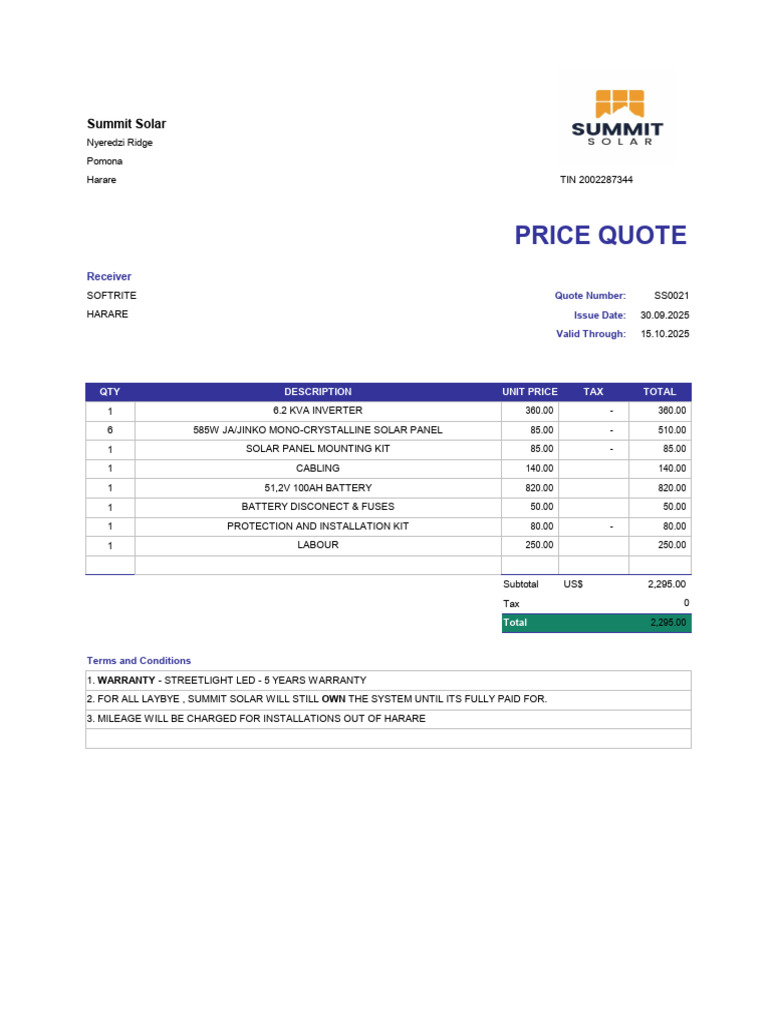 Softrite 6.2kva Solar System Quotation | PDF