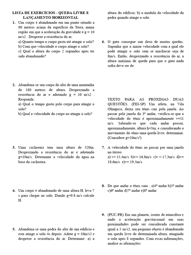 Exercícios de Queda Livre e Lançamento Horizontal | PDF | Aceleração ...