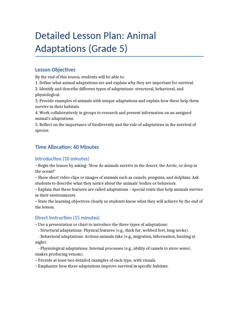 Grade 5 Lesson Plan: Animal Adaptations | PDF | Adaptation | Habitat