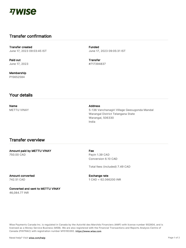 Wise Transaction Invoice Transfer 717394837 1257635880 en | PDF | Banks ...