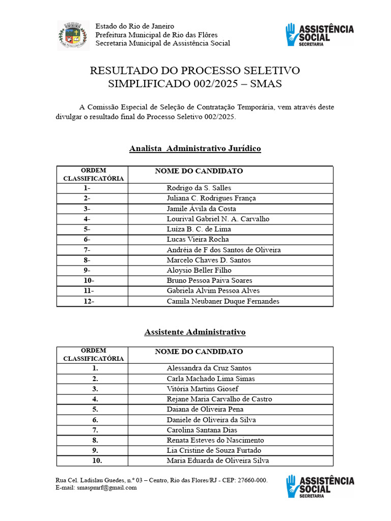 Resultado Processo Seletivo SMAS 2025 | PDF