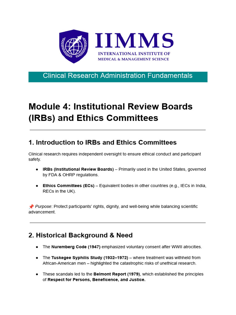 Module 4 - Institutional Review Boards and Ethics Committees | PDF ...
