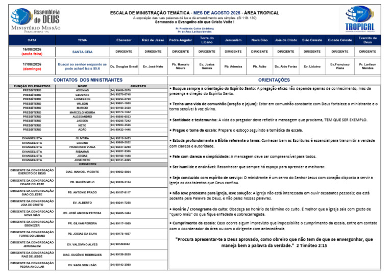 Escala de Ministração - Agosto 2025 | PDF | Eucaristia | Igreja cristã
