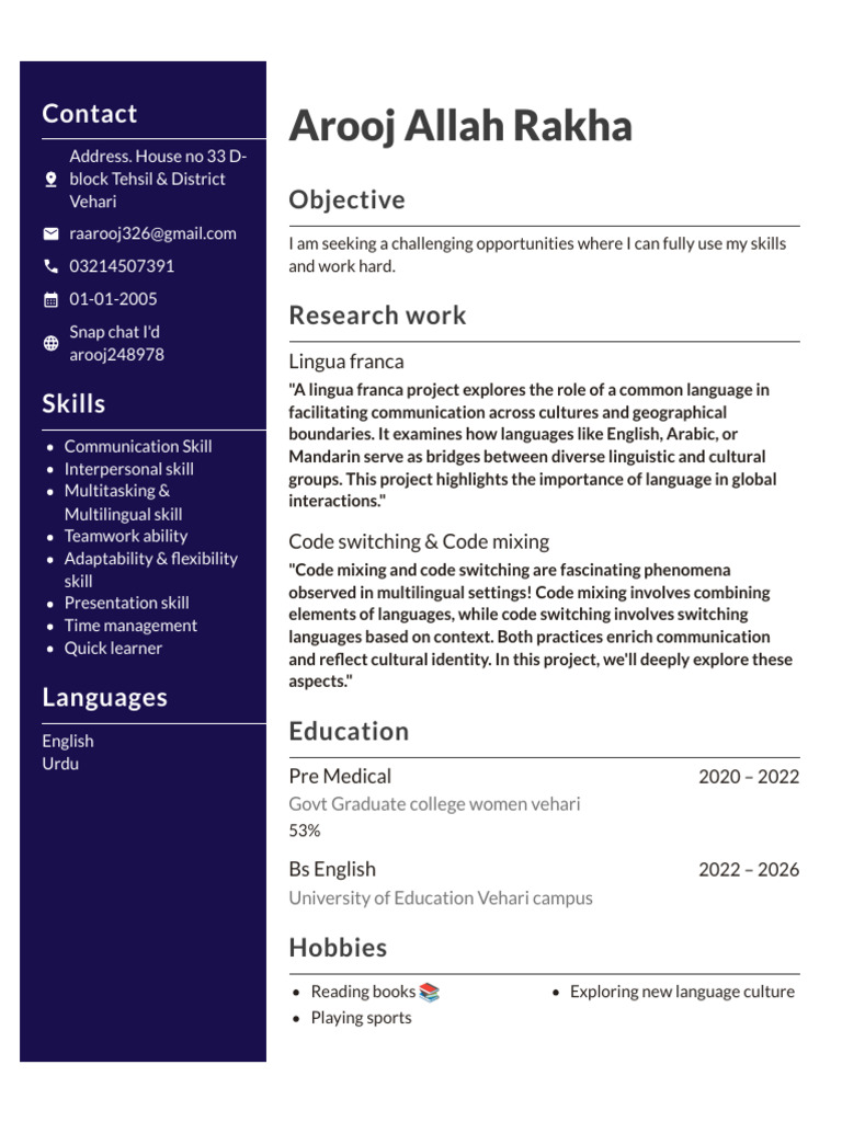 Arooj Allah Rakha's Skills & Research Projects | PDF