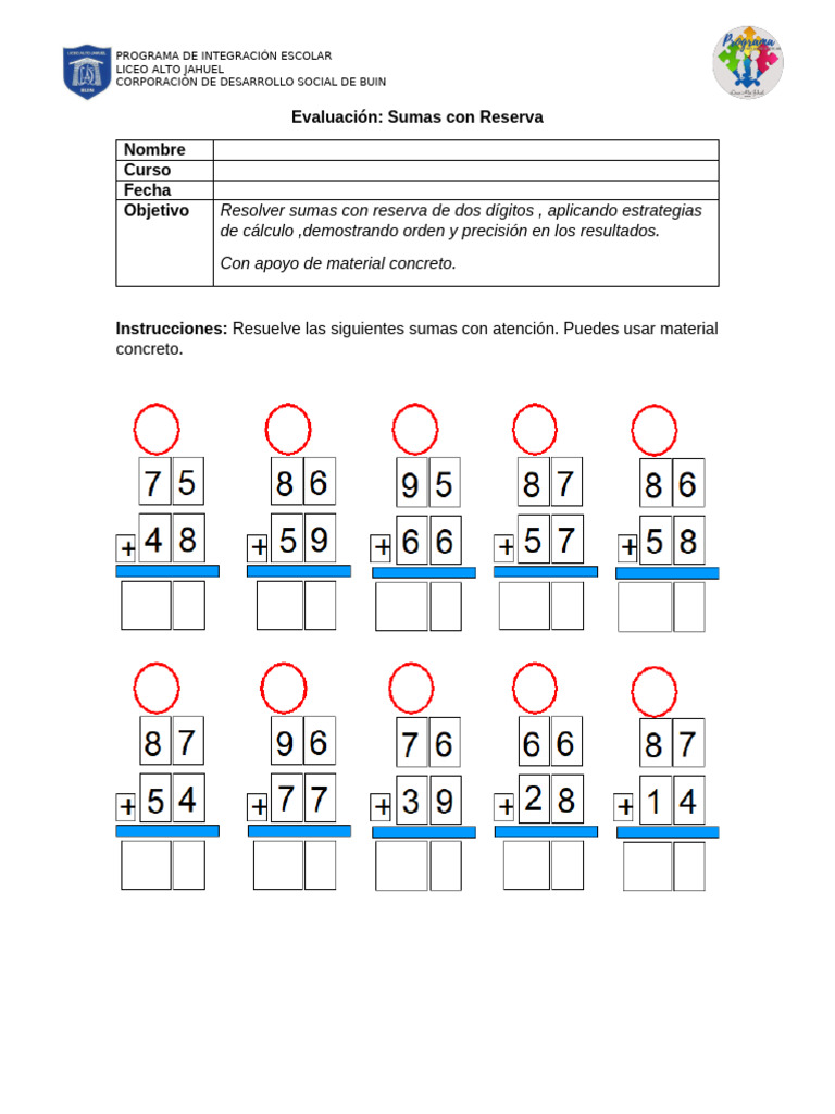 Evaluación Sumas Con Reserva Agustin Chaug | PDF