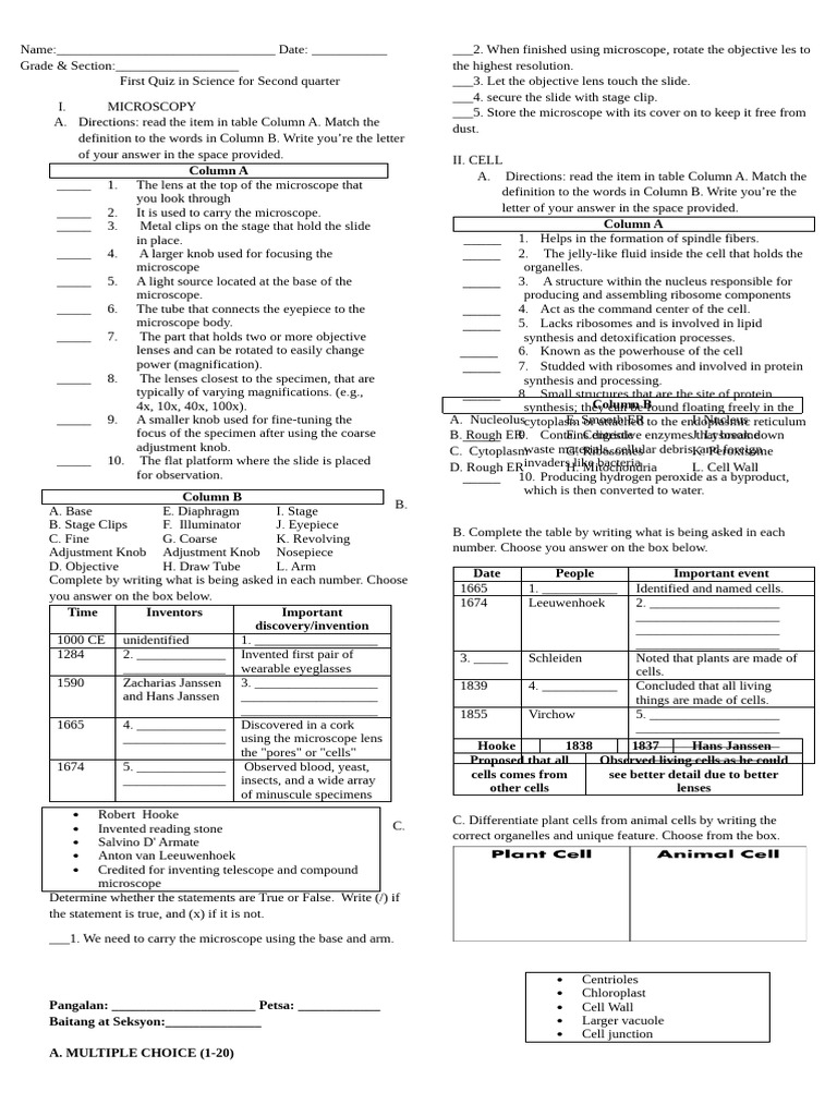 Quiz in Science - Microscopy and Cell | PDF