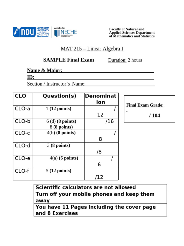 MAT 215 Sample Final Exam | PDF | Eigenvalues And Eigenvectors ...