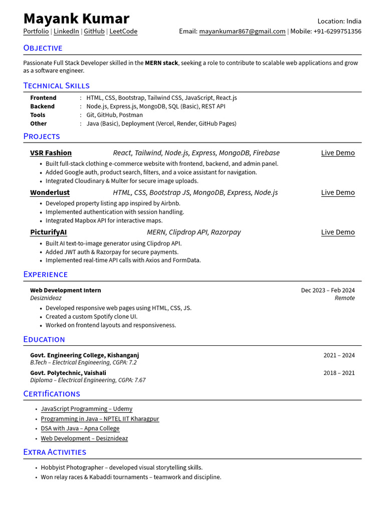 Full Stack Developer Resume - Mayank Kumar | PDF | Web Development ...