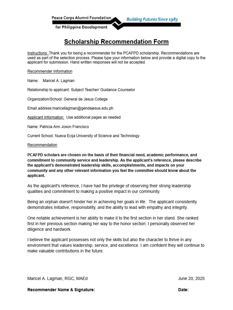 PCAFPD Recommendation Form Template | PDF