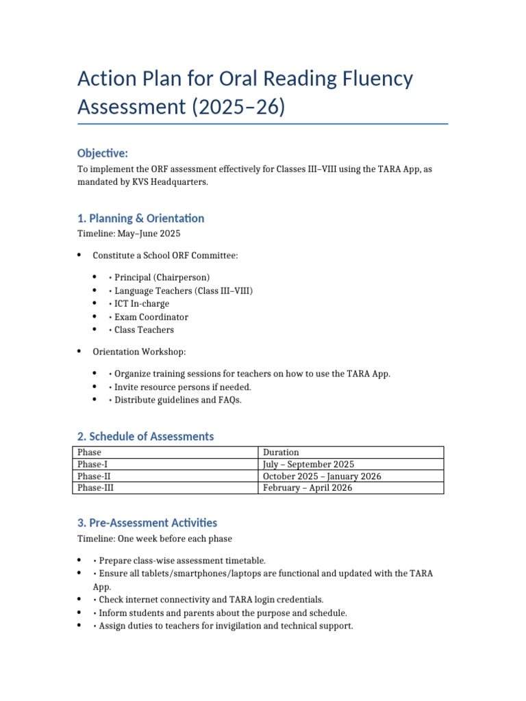 ORF Assessment Action Plan 2025-26 | PDF