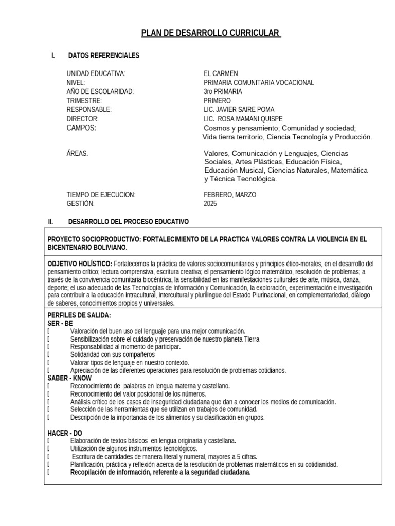 Plan Curricular Primaria 2025: Valores y Educación | PDF | Plan de ...