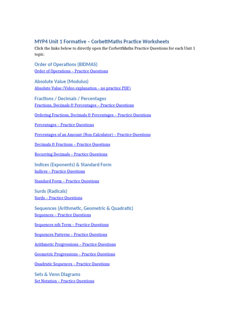 CorbettMaths MYP4 Unit 1 Worksheets | PDF