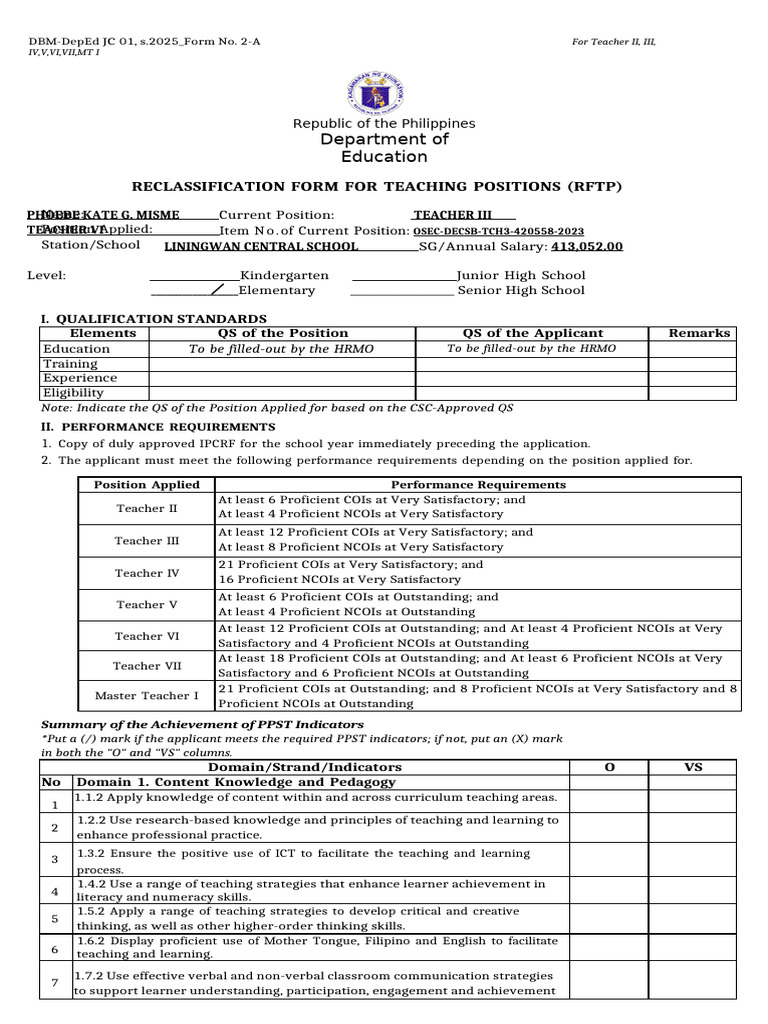 RFTP Reclassification Form for Teachers | PDF | Learning | Educational ...