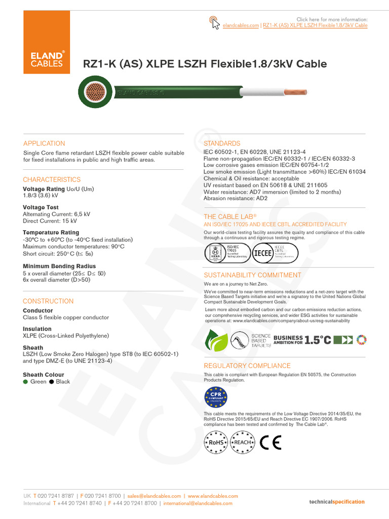 RZ1-K 1.8/3 kV LSZH Power Cable | PDF | Electrical Engineering ...