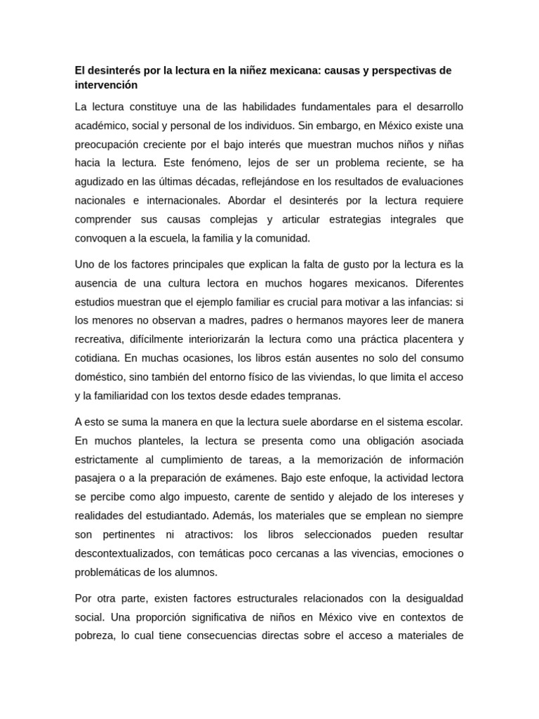 Desinterés por la lectura en niños mexicanos | PDF | México