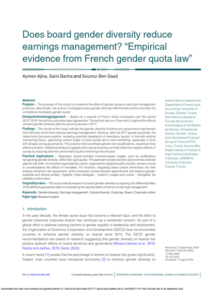 Impact of Gender Quotas on Earnings Management | PDF | Gender | Gender ...