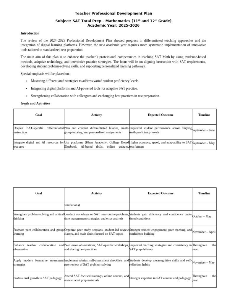 SAT Teacher Professional Developmentlan | PDF | Sat | Teachers