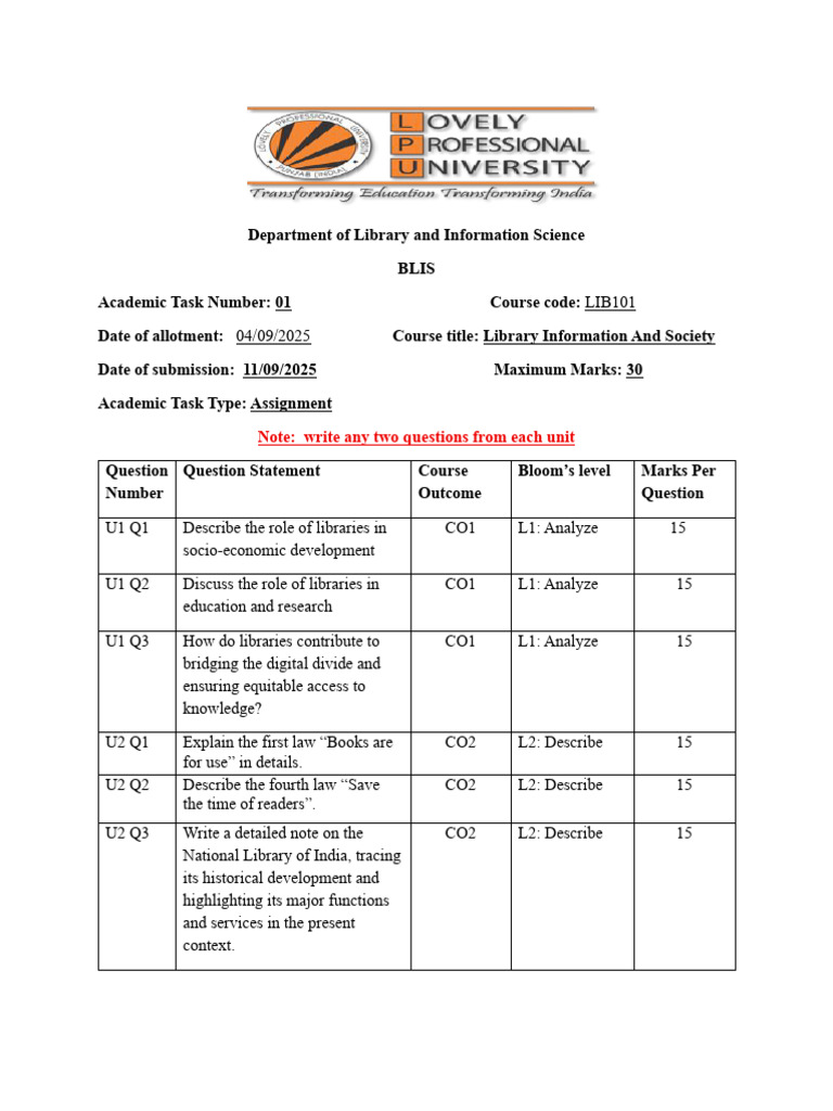 LIB101 Assignment 1 | PDF